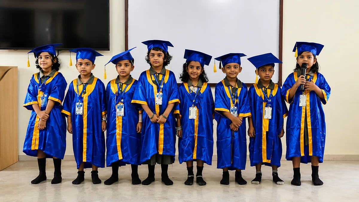 Young Al-Ameen graduates in blue gowns and caps