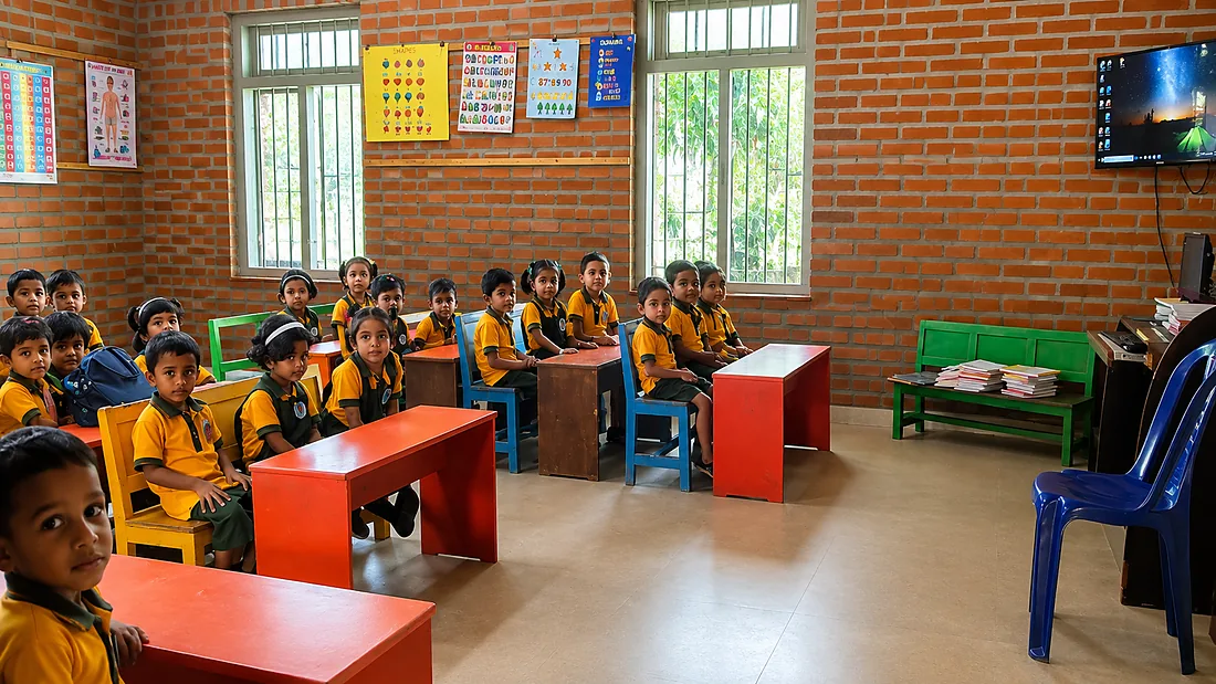 Kindergarten children learning in a colourful classroom